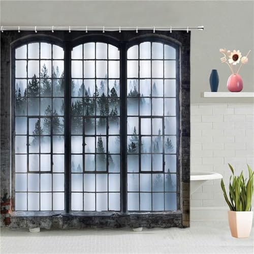 Duschvorhang 90x180cm Gartenfenster Duschrollo für Badewanne Vorhang Outdoor Duschvorhänge Anti Schimmel Wasserdicht Duschtrennwand Moderne Badezimmer Gardinen Dusche mit 12 Duschvorhangringe Z333