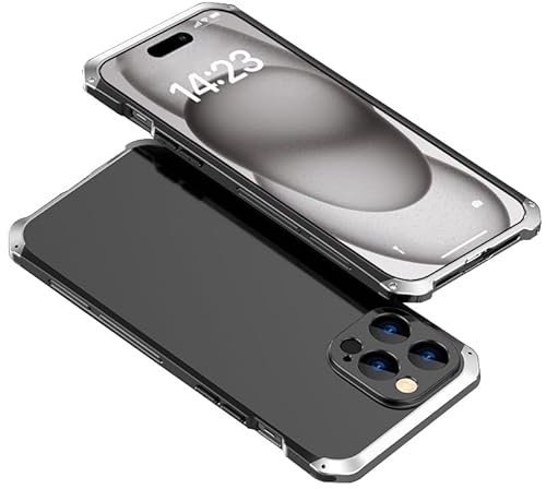 LXURY Hülle Ultradünne für iPhone 15 Pro Max/15 Pro/15, TPU Metall Rahmen Handyhülle Support Kabelloses Laden Screen Kamera Schutz Handytasche,Black2,15''