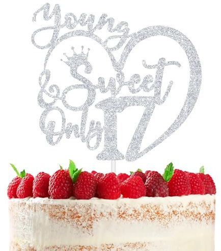 RLXPT Happy 17th Birthday Cake Topper, Young Sweet & Only 17 Cake Decorations, Dancing Queen 17, 17th Birthday Party Decorations Silver Glitter, Gold