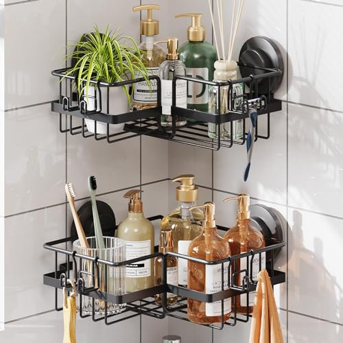 TAILI 2 Pack Corner Shower Caddy with Suction Cups & Hooks - Heavy Duty Stainless Steel, Rustproof, Wall-Mounted Bathroom Organizer - Drill-Free & Removable, Black