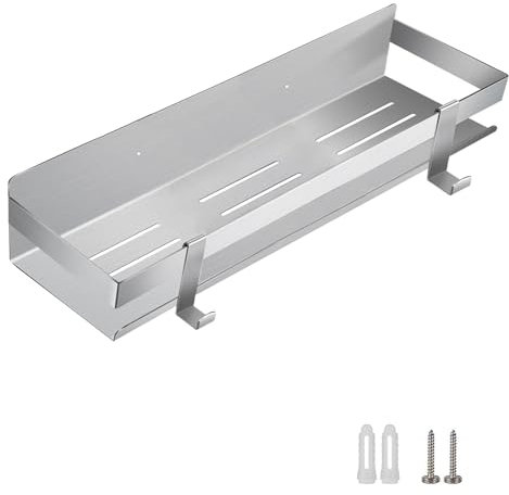 QNIIAED Mensola da doccia, da parete, in acciaio inox SUS 304, resistente, con 2 ganci (argento spazzolato, 40 cm)