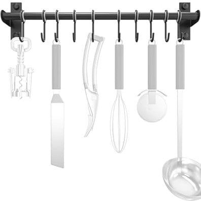 Lesfit Barra Cocina Utensilios, 40 cm Inoxidable Montaje en Pared Colgador Organizador con 10 Ganchos de Ollas y Sartenes, Negro
