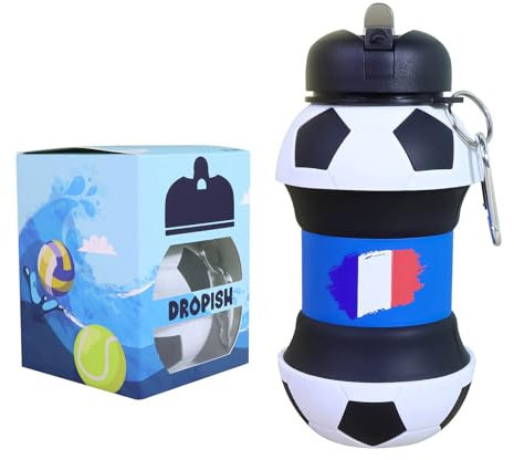 Dropish Bouteille d'eau en silicone motif football France - Enfants, filles et adultes - Pliable - Sans BPA - Très résistante - 550 ml