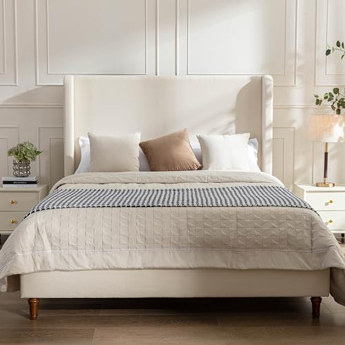 GDFStudio Tall Headboard Upholstered Bed,Queen Size Platform Bed Frame with Headboard Wingback,54 High No Box Spring Needed Easy Assembly Elegant Simplicity Ivory Boucle