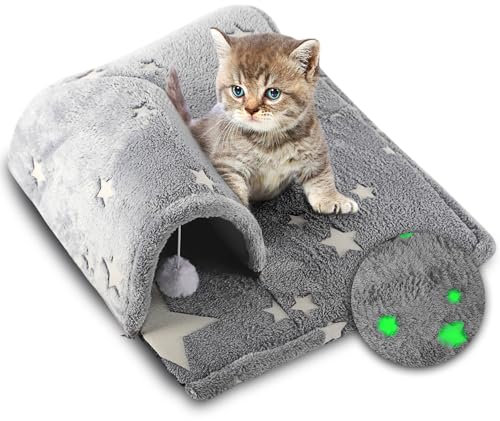 POMESEA Interaktiver Katzentunnel mit Schlafplatz, Flauschiger Spieltunnel mit hängendem Ballspielzeug, 3 in 1 Katzenhöhle, Katzenbett und Katzenspielzeug, Katzenspielplatz Größe S