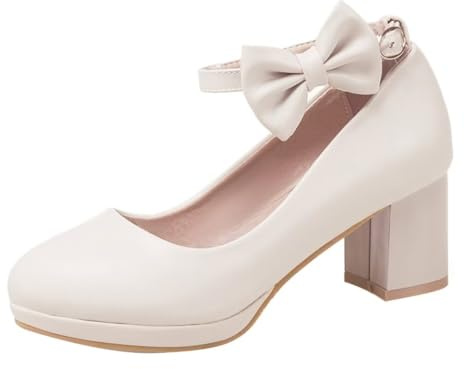 HSyc JRX Damen Blockabsatz High Heels Riemchen Pumps mit Schleife Kleid Schuhe
