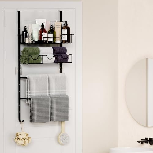 THYGIFTREE 4 Tiers Towel Racks for Bathroom Door Adjustable Bathroom Towel Holder with Storage Basket Towel Storage for Bathroom Towel Bar for Bathroom Over The Door Towel Bar for Bathroom