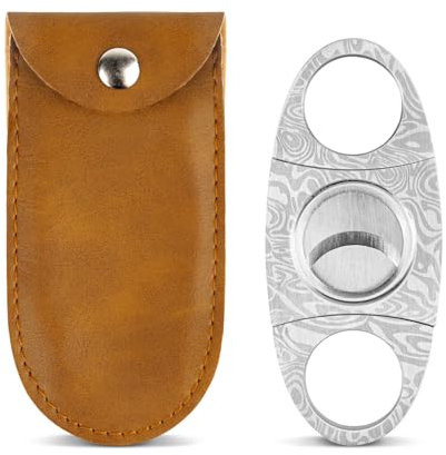 GALAMAX Cigar Cutter, Silver Grain Damascus Stainless Steels Cigar Cutter Scissors with Pouch, Double-Edged Cuban Cigars Cutter Suitable for Most Size of Cigars, Cigar Accessories