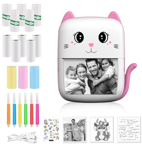 Mini Printer, Bluetooth Thermal Printer Portable Pocket Printer, Photo Printer DIY Label Maker Wireless Note Printer Compatible with iPhone/Android/iPad with 13 Rolls of Thermal Paper - Pink