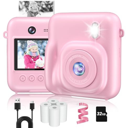 Camara Fotos Infantil Instantanea, HD 1080P 48MP Cámara Instantánea con Tarjeta de 32G y Papel Fotográfico de Impresión, Juguetes Regalos niña niños 3 4 5 6 7 8 9 10 11 12 años