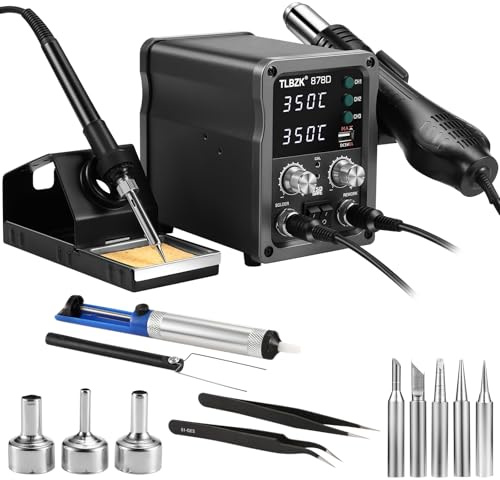 TLBZK 878D 2-in-1 Hot Air Soldering Iron Station Kit for Rework, Desoldering Pump, 5 Soldering Tips, 3 Hot Air Nozzles,Tweezers, IC extractor