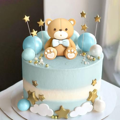 Roaring Good Time Blue Bear Cake Decoration Set - Boy Christening Teddy Bear Cake Topper - 16 Pieces - Blue