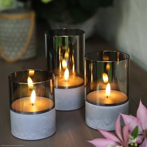hellum LED Kerzen mit Timerfunktion grau, 3er Set in versch. Größen, LED Kerzen flackernde Flamme, mit Timerfunktion outdoor, mit Batterien 6xAA (nicht inkl.) 10/12,5/15 x8cm (HxØ) 151992