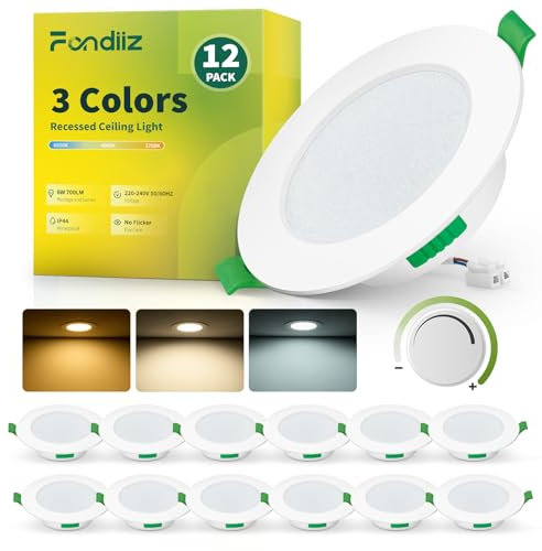Fondiiz 12 Pack Focos LED Interior Techo Regulable, 6W Downlight LED Techo Empotrable Luz Calida Luz Neutra Luz Frío, IP44 Ojos de Buey LED para Techo Baño, Corte 75mm-90mm, Diámetro 98mm