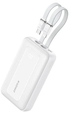 Anker Zolo Power Bank, 10,000 mAh 35 W Max. Portable Fast Charger with Two Integrated USB-C Cables, 1 x USB-C and 1 x USB-A Port, Battery Pack for iPhone 16/15 Series, Samsung, MacBook, iPad and More
