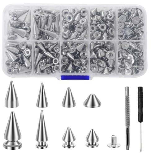 Deuson 359Pcs Punk Spikes and Studs Kit Zinc Alloy Silver Cone Spike and Stud Rivet Kit 8 Size Metal Leather Tree Spike Assortment Kit Clothing Stud Décor Kit for Clothing Jacket Shoes Wallet(Silver)
