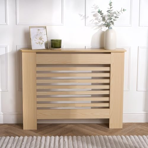 OHS Natural Radiator Cover for Living Room Offices Hallway, Stylish Slatted Design Wooden Frame Top Shelf Wooden Radiator Cover - Medium