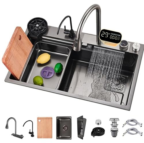 ATHOMASM Lavello da incasso in acciaio inox, 85 x 50 cm, con display digitale della temperatura, design a cascata e scolapiatti