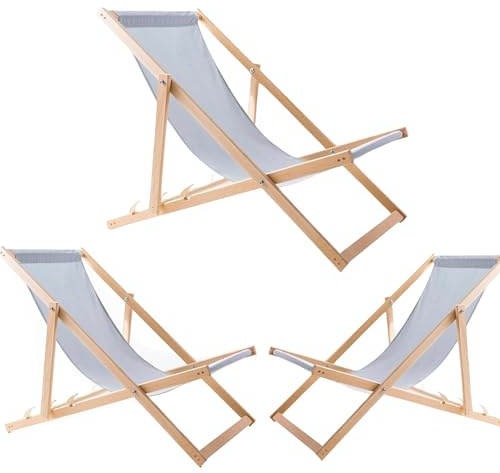 WOODOK Liegestuhl Klappbar - Gartenliege Klappbar bis 120kg, Sonnenliege aus Buchenholz ohne Armlehne (3X Helle Asche)