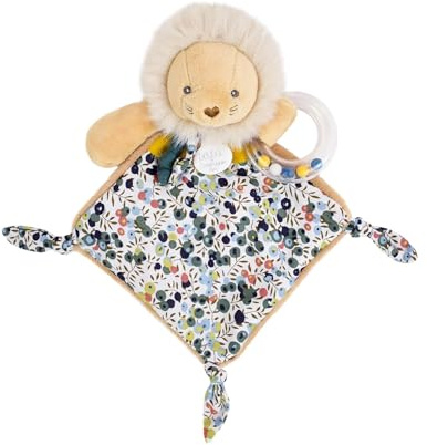 Doudou et Compagnie BOH'Aime Kuscheltier Rassel Löwe - Liberty Ocker Stoff - sensorisches & Erwachen Plüsch - Integrierte Rassel - Ultra Weich - Ab Geburt - Geschenk Baby Unisex - DC4223