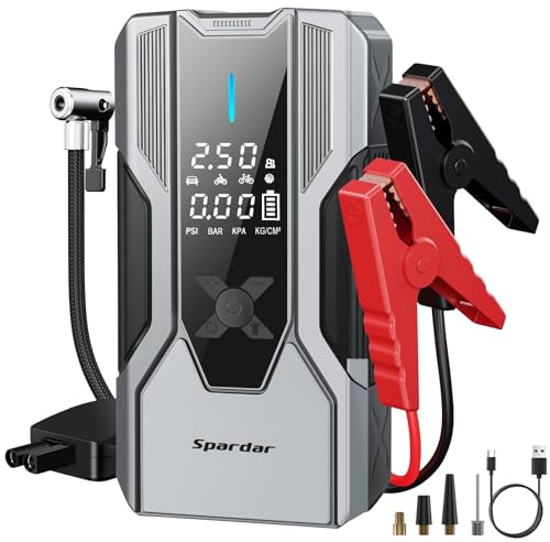 Spardar 8000A Starthilfe Powerbank für Pkw, 150 PSI, 12 V (für Alle Benzin und 10L Dieselmotoren), 12000mAh, Type-C Schnellladefunktion, Starthilfe Powerbank mit LED Taschenlampe