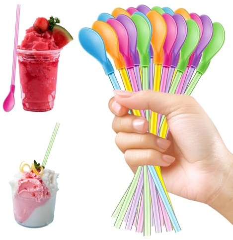Diffaxy 20 Stück Trinkhalme Löffel, wiederverwendbare farbige Strohhalmlöffel 2-in-1, abnehmbar, Latte macchiato löffel mit strohhalm für Smoothies, Milchshakes, Kaffee, Saft und Heißgetränke