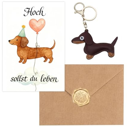 4 Stück Dackel Geschenke, Lustige Geburtstagskarten für Frauen Männer, mit Sausage Schlüsselanhänger, Umschlag, Dichtungswax und Grußkarte, Dackel Geschenke Für Tierliebhaber, Geburtstagsgeschenke