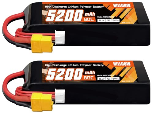 HILLDOW Batterie LiPo 3S 5200mAh 80C 11,1V Soft Case avec Connecteur XT60 pour Véhicules RC Drone Voitures Camions RC (Lot de 2)