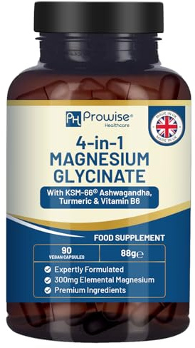 4-i-1 magnesiumglycinat tillsatt med KSM-66 ashwagandha, gurkmeja och vitamin B6 | 90 veganska kapslar | 4 001 mg per portion | Lätt att svälja kapsel | GMO- och glutenfri | Premiumkvalitet