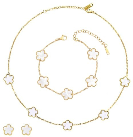 ZhouWei 4 Stück Kleeblatt Schmuck set, Einstellbar Vergoldet Fünfblättriges Armband Kette Ohrringe Kleeblatt Armband Fünfblättriges Kleeblatter Kette Vierblättriges Kleeblätter Schmuckset