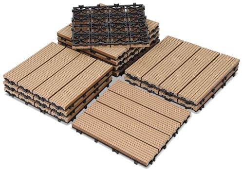 Peviasot 30 x 30 cm WPC Klickfliesen, 33er Set 3m Terrassenfliesen in Holzoptik mit Drainage, Bodenbelag für Balkon, Terrasse und Garten, Wasserfest und Rutschfest, Teak