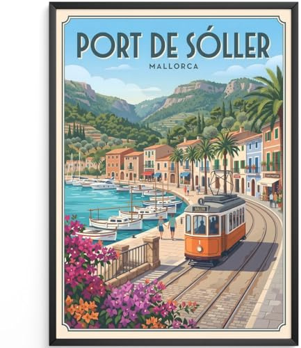 MJ-GRAPHICS® Wandbild Hafen Tram Poster Port Soller Kunstdruck mediterran Bilder Landschaft Deko Sommer Stadtbild Palmen Wanddeko Wohnzimmer Retro Vintage A3 ohne Rahmen