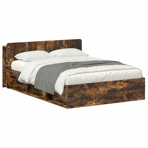 vidaXL Bettgestell mit Stauraum Geräucherte Eiche 140 x 200 cm, Modernes Schlafzimmer, Holzbettgestell, Stauraumlösungen, vielseitig, funktionales Design, schicker minimalistischer Stil