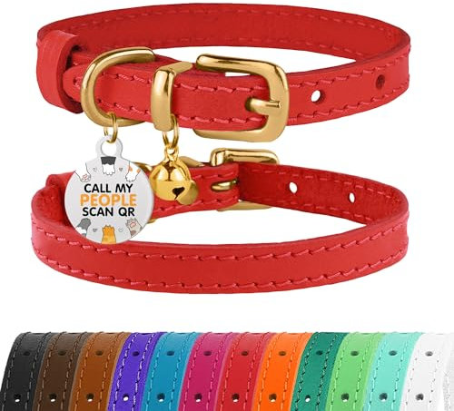 BRONZEDOG Katzenhalsband aus Leder mit Glöckchen, Nicht abreißbar, QR-Tag für Mädchen und Jungen (Rot und Gold, 18-23 cm)