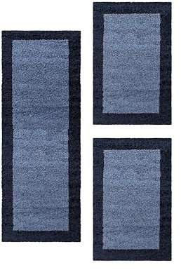 HomebyHome Bettumrandung Schlafzimmer 3 teilig Teppich Marineblau - Waschbarer Bettumrandung Teppich Läufer Set Extra Flauschig Bettvorleger Schlafzimmer Bettset:2 St. 80x150 cm | 1 St. 80x250 cm