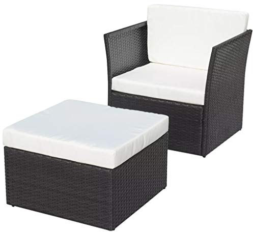 yorten Gartenstuhl-Set Polyrattan Gartensessel mit Hocker Armsessel Rattansessel Sitzpolster Schwarz 77 x 67 x 73 cm (B x T x H)