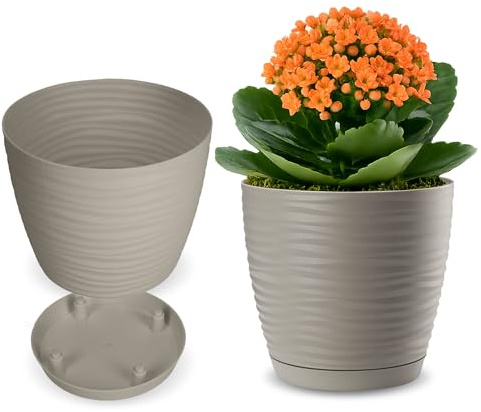 KADAX Blumentopf mit Untersetzer, Blumenkübel, Pflanzkübel für Innen, Leichter Pflanztopf aus Kunststoff, Übertopf für Blumen, Pflanzen, Haus, Zimmer, Pflanzgefäß (15cm, grau)