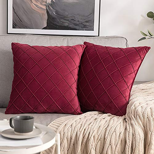 MIULEE 2er Set Samt Kissenbezug Gitter Sofakissen Dekokissen Kissenhülle Kissenbezüge Couchkissen Kissen Samtkissen Weich Einfarbig Zierkissen für Sofa Wohnzimmer 50x50 cm Rot
