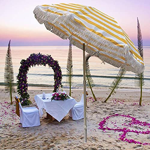 Refue Groß Gartenschirm Baumwolle UV Schutz 50+ Gestell Alu 160 cm Durchmesser Strandschirm Sonnenschutz tragbar gelb gestreift Balkon Dekorieren