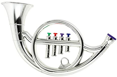 FOMIYES Kinder Trompete Französisch Horn Tuba Spielzeug Musikalische Windinstrumente Metallic Silber Trompetenhorn mit 4 Farbigen Schlüsseln Performance Prop