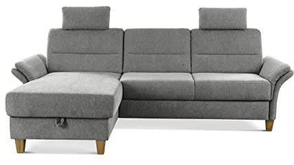 CAVADORE Schlafsofa Wyk mit Federkern / Ecksofa im Landhaus-Stil mit Longchair, Bett, Bettkasten, Armteilfunktion + 2 Kopfstützen / 252 x 90 x 162 / Chenille, Grau