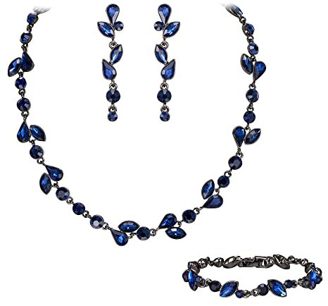 EVER FAITH Kristall Schmuck-Sets elegante Marquise- und Runde- Schliff Strass Blatt Halsketten, Ohrringe und Armband-Set für Damen Saphir-Blau Schwarz-Tone