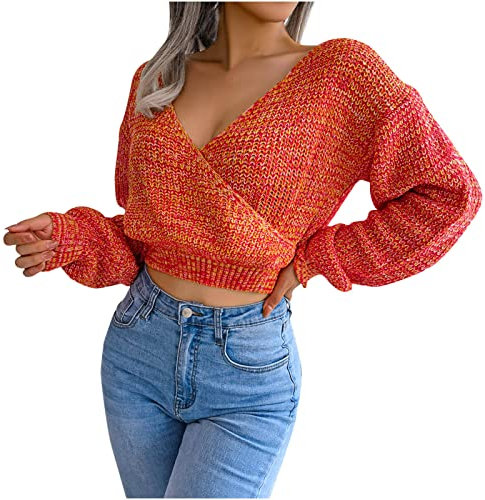 Stricken Pullover Warmer Grobstrickpullover Sweater Trendige Einfarbig Lässiger Strickpulli Tunika Elegant Strickwaren Pullover Winter Gestrickt Damen Crop Strickpullover, Sexy V-Ausschnitt