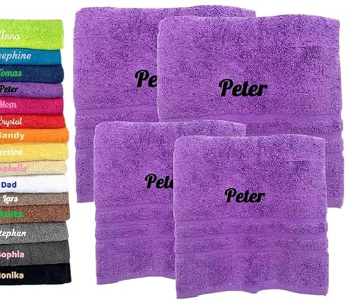 4er Pack Personalisiertes Handtuch und Badetuch mit Namen, Schön gestickter Name Handbadetuch 100 % Baumwollhandtuch 2x (50 x 100 cm) + 2x (140 x 70 cm) Personalized Custom Towel with Name (Lila)