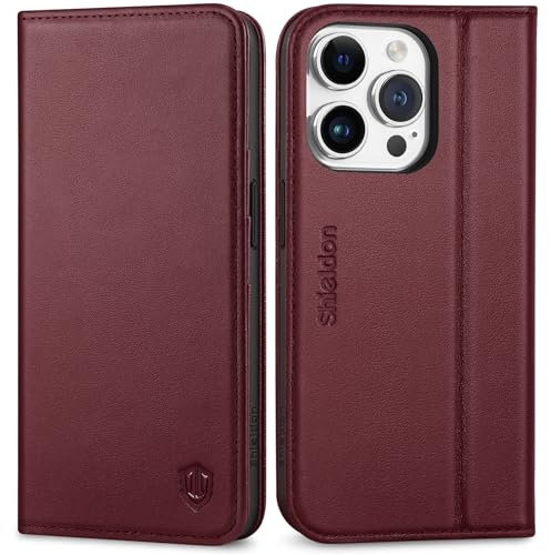 SHIELDON Hülle für iPhone 15 Pro 5G, Handyhülle [Kartenfach] [Echt Rindsleder] [Standfunktion] [RFID Blocker] [Weich TPU] Stoßfest Klapphülle Tasche Kompatibel mit iPhone 15 Pro 6,1 - Weinrot
