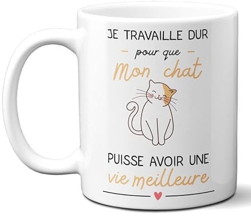 DECOHO - Mug Je travaille pour mon Chat - Mug céramique blanc - Design humoristique - 33 cl, imprimé en France - Blanc