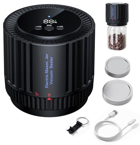 Sellador al Vacío Mason Jar, YDI Kit de Selladora Eléctrica de Tarros Mason con 10 Tapas, Compatible con Tarros Mason Normales y de Boca Ancha