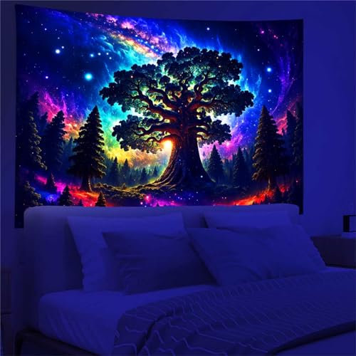 Arsey Schwarzlicht Wandteppich Wald Trippy UV-Reaktive Wandteppiche Hochkant Baum Sterne Galaxy Aesthetic Wandtücher Wandtuch Deko Wohnzimmer, Bunt, Groß 200x150cm