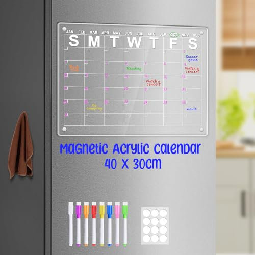Monthly and Weekly Calendar for Fridge, Acrylic Magnetic Whiteboard for Fridge 40 x 30cm, Reusable Planner Whiteboard Calendar with 6 Dry Erase Markers (Monthly Calendar)