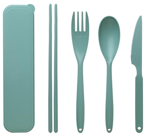 Juego de cubiertos de viaje con estuche, Juego de cubiertos de plástico reutilizables, Juego portátil de palillos cuchillo tenedor cuchara para picnic camping escuela oficina comida